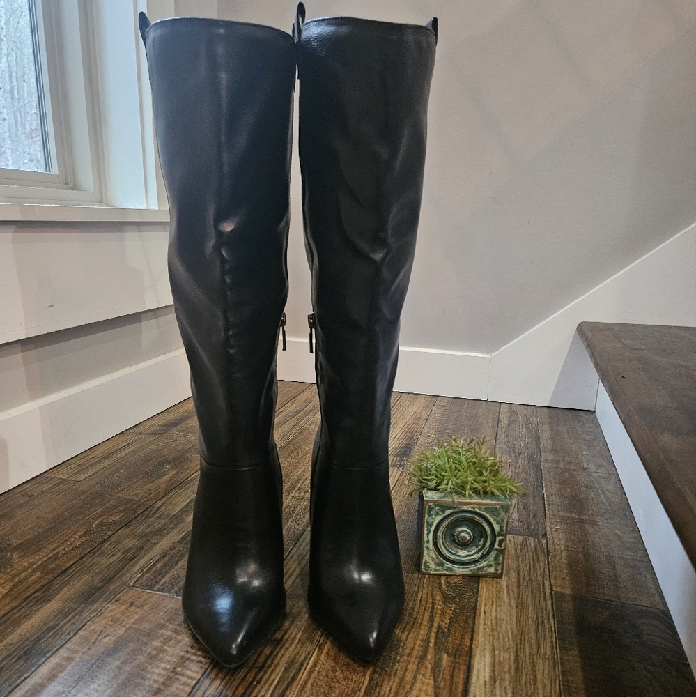 New! JustFab Tall Black Faux Leather‎ Heeled Boots. Size 6. - Picture 3 of 13